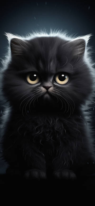 Phone Wallpaper: Fluffy Kitten, Black Cat, Big Eyes, Cute, Dark