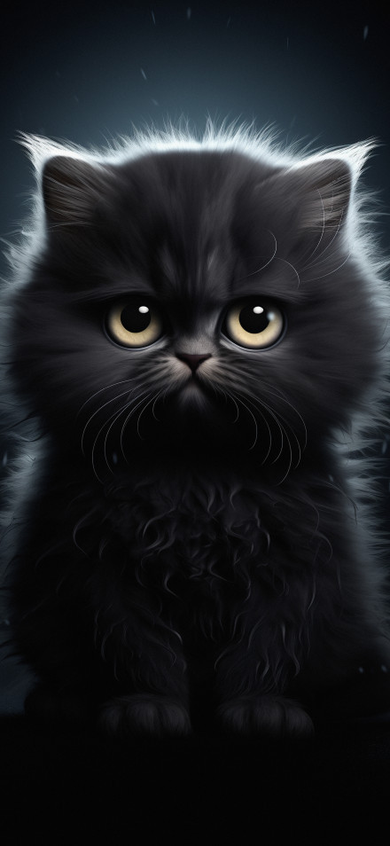 Phone Wallpaper: Fluffy Kitten, Black Cat, Big Eyes, Cute, Dark
