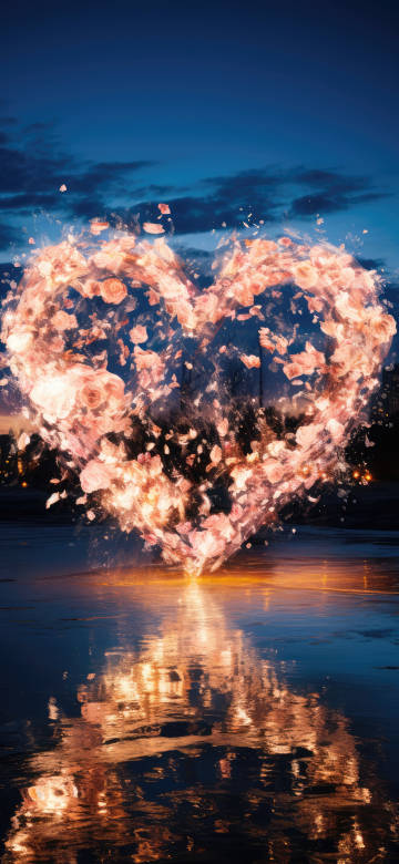 Creative 4K Wallpaper: Glowing Heart, Fire, Night Sky, Reflection