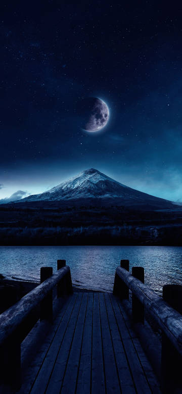 Midnight Sky Wallpaper: Snowy Mountain, Crescent Moon, Serene 4K