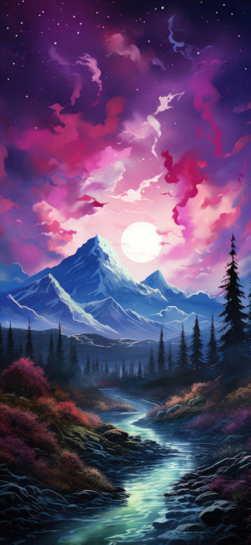Fantasy illustration wallpaper: pink and purple sky, snowy mountains, river 4K