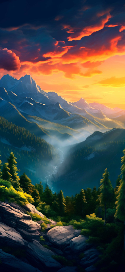 Fantasy Landscape Wallpaper: Majestic Mountains, Golden Sunset, 4K HD