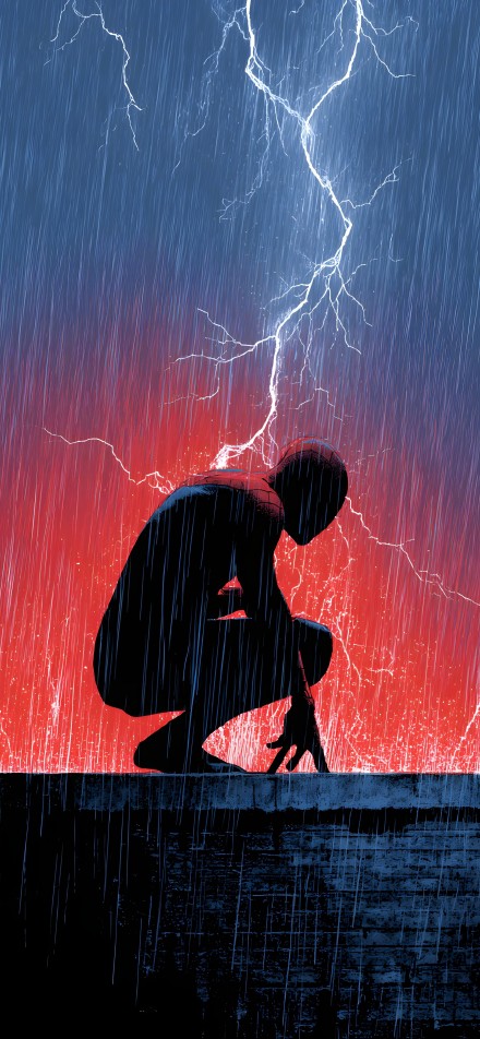 Spider-Man under a thunderstorm 4K phone wallpaper