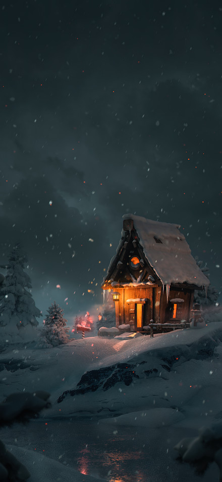 Winter Cabin Wallpaper: Nordic Vibe, Snow Scene, Night, 4K HD