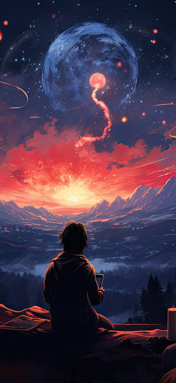 Anime 4K wallpaper: fantasy starry sky, red sky, lonely back