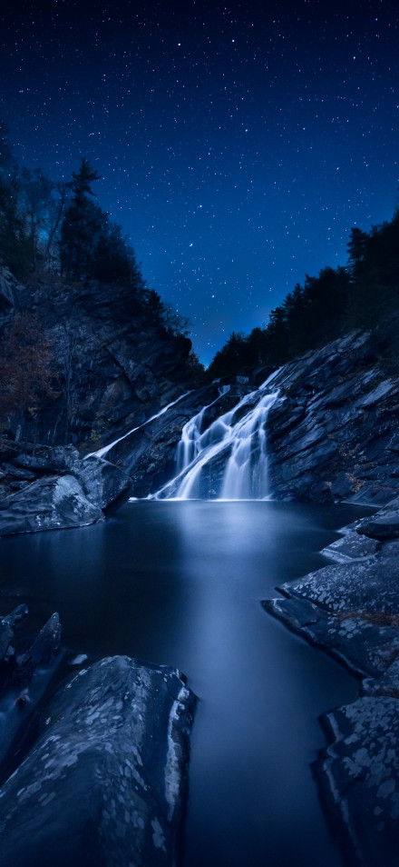 Landscape Wallpaper: Mysterious Night Waterfall, Valley Forest, 4K Download
