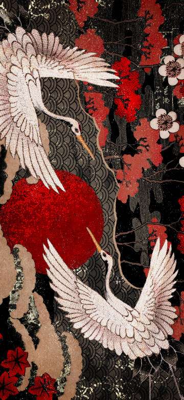 Classical art wallpaper: cranes, red sun, traditional motifs