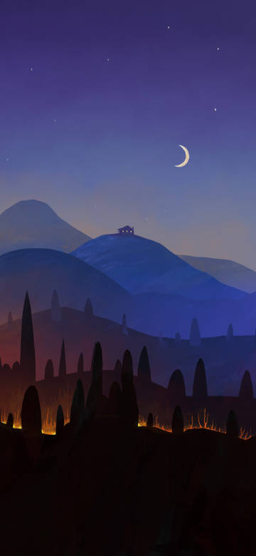 Moonlit Hut on the Hill 4K Illustration Wallpaper