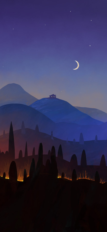 Moonlit Hut on the Hill 4K Illustration Wallpaper