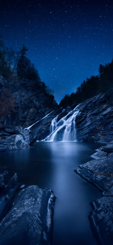 Landscape Wallpaper: Mysterious Night Waterfall, Valley Forest, 4K Download