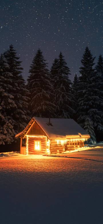 Winter Night Landscape Wallpaper: Cabin in the snow, starry sky and forest