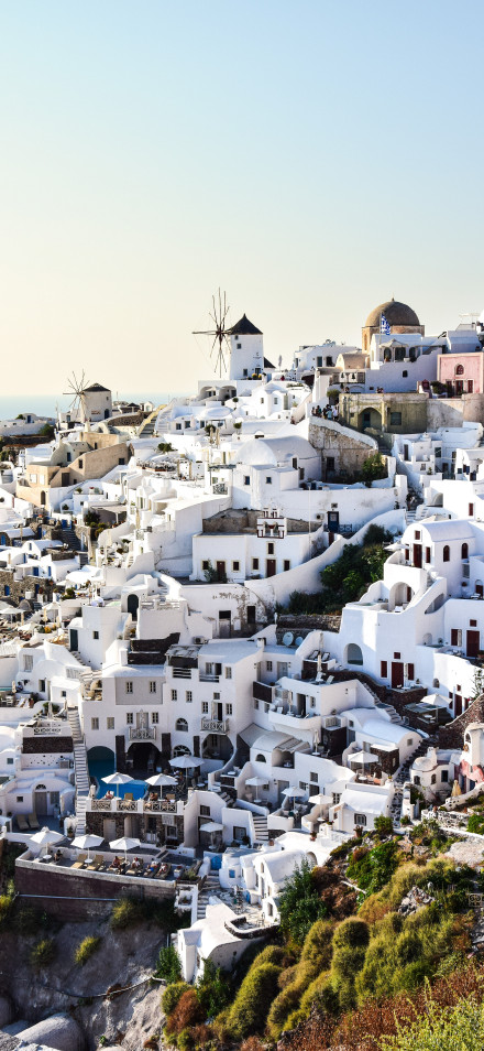 Scenery 4K Wallpaper: Santorini Greece, Oia Village, White Houses, Windmills