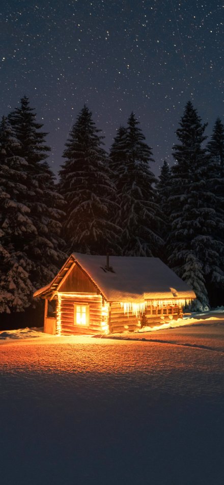 Winter Night Landscape Wallpaper: Cabin in the snow, starry sky and forest