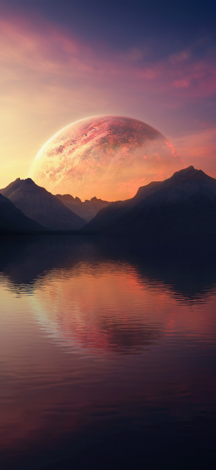 Fantasy 4K Wallpaper: Planet, Sunset, Mountain, Lake
