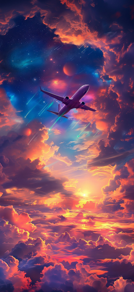 Fantasy Sky Wallpaper: Airplane, Sunset, Clouds, Starry Sky