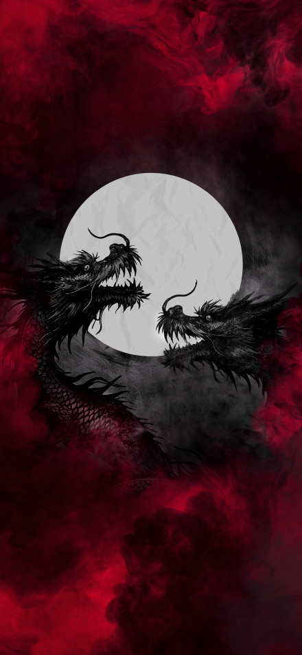 Two Dragons 4K  Wallpaper: Full Moon, Red Smoke, Dark, Mythical
