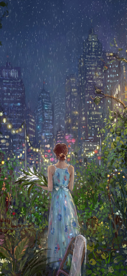 A girl gazes at the city nightscape in the rain illustration HD wallpaper