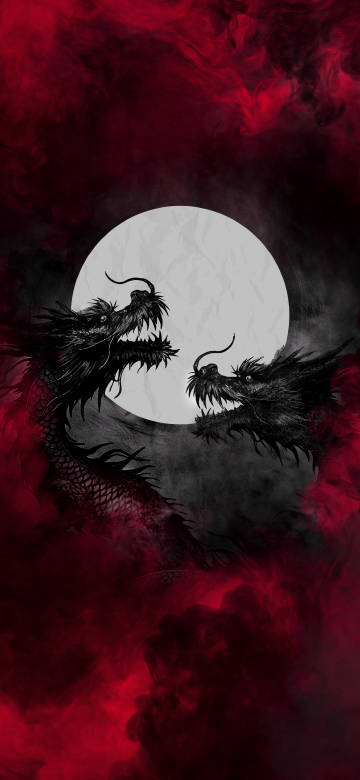 Two Dragons 4K  Wallpaper: Full Moon, Red Smoke, Dark, Mythical