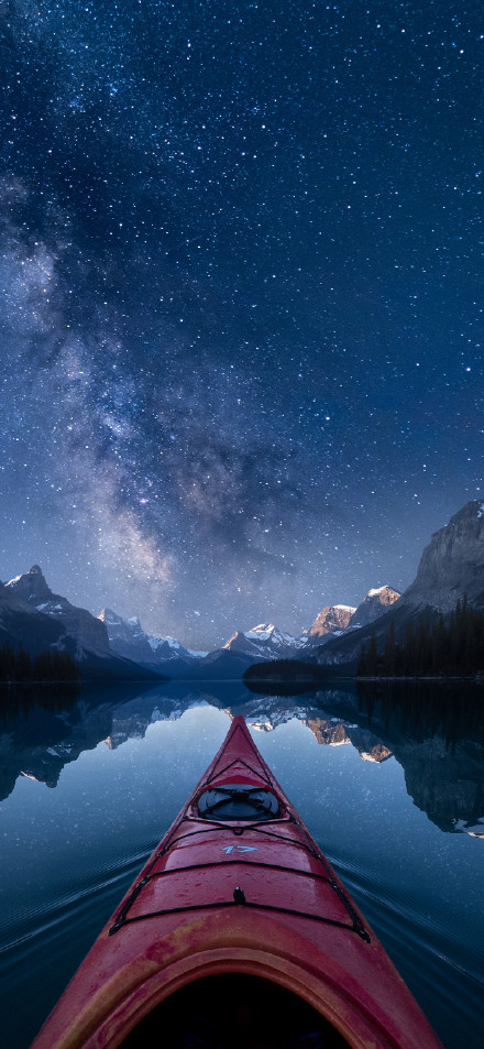 Red Kayak on Calm Lake Under Milky Way HD Wallpaper