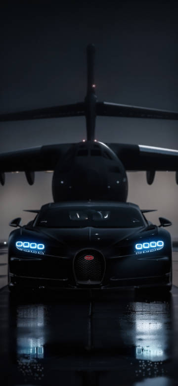Black Bugatti Chiron and Cargo Plane Tarmac Wallpaper 4K