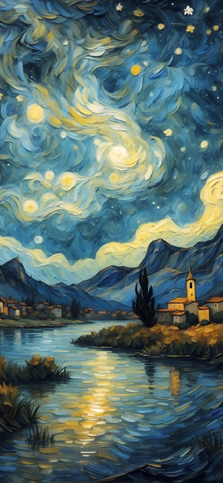 Van Gogh Style Starry Night, Village, and Lake HD Wallpaper