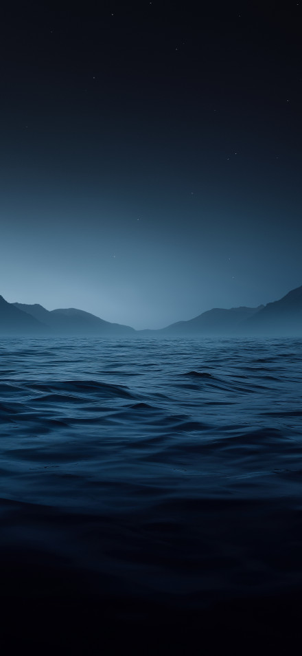 Dark Water Wallpaper 4K, Waves, Starry Sky, Deep Blue, Mountains