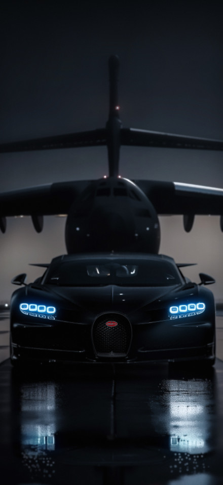 Black Bugatti Chiron and Cargo Plane Tarmac Wallpaper 4K