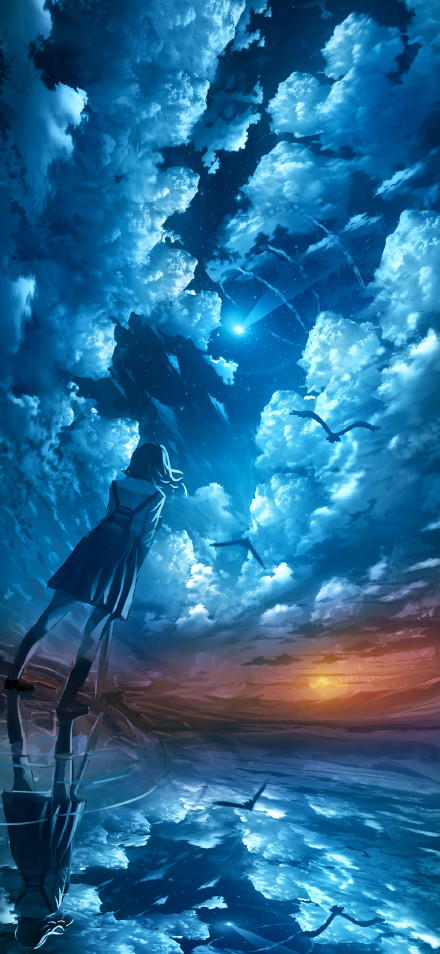 Anime Girl 4K Wallpaper: Sky, Clouds, Reflection, Stars, Blue
