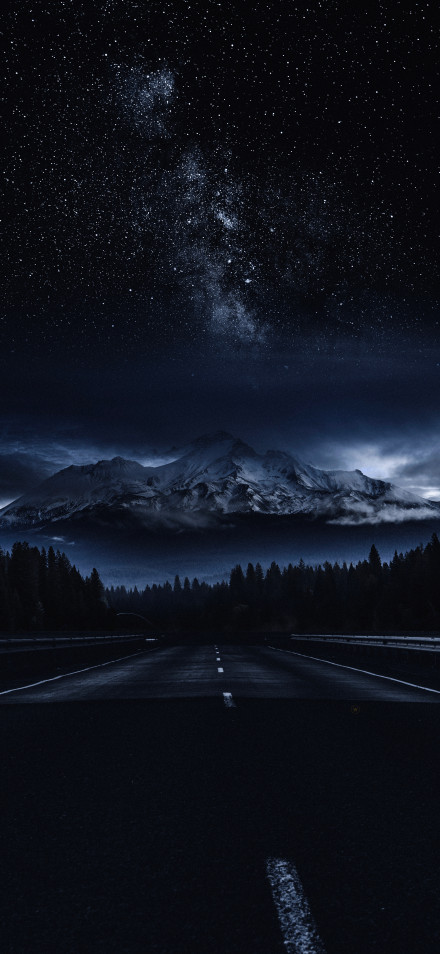 Dark Highway to Snowy Mountains and Milky Way Wallpaper 4K