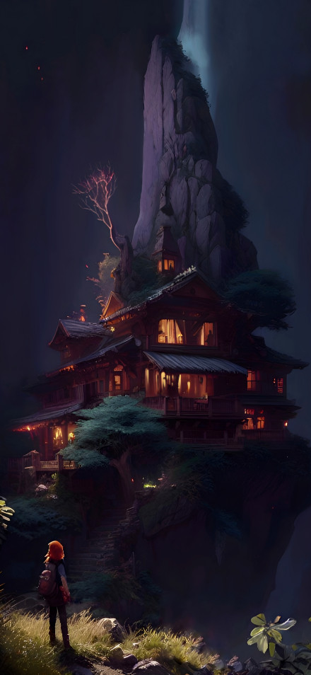 Enchanted House on Cliffside with Glowing Lights 4K Wallpaper