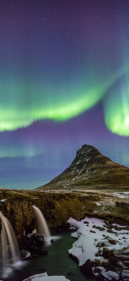 Green and Purple Aurora Above Snowy Mountain 4K Wallpaper