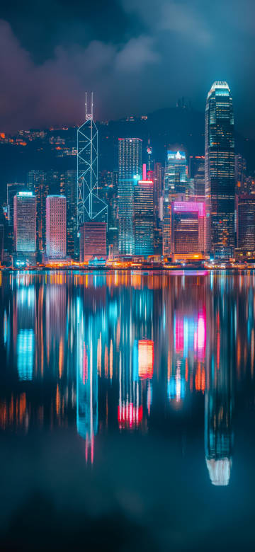 Neon-lit Hong Kong Skyline Wallpaper 4K, City Reflections at Night