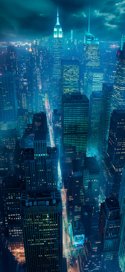 New York City Night View Wallpaper: Towering Skyscrapers in Blue Light