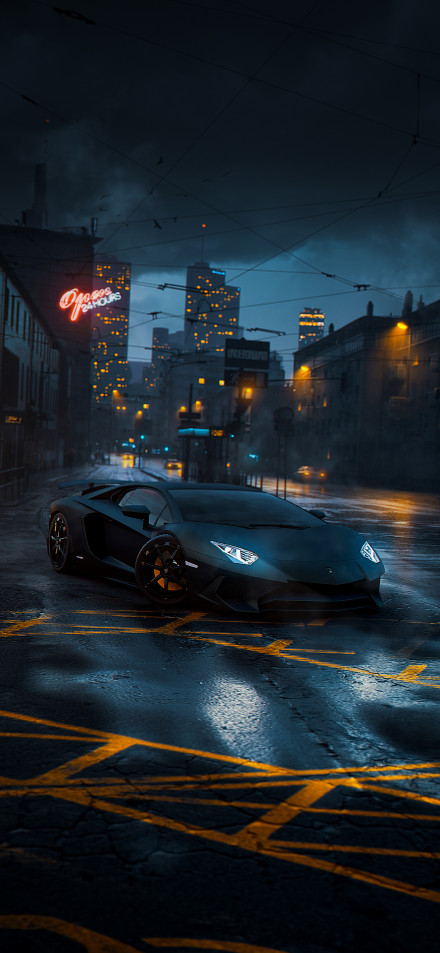 Lamborghini Aventador Wallpaper 4K, Neon Streets, City Lights