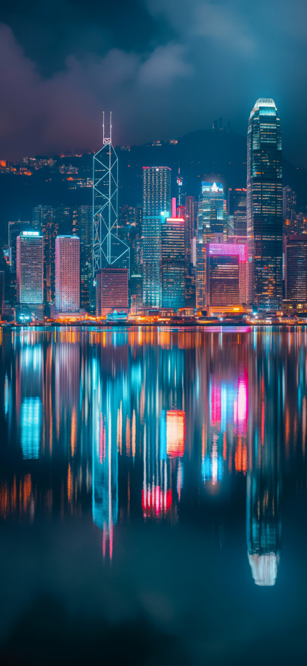 Neon-lit Hong Kong Skyline Wallpaper 4K, City Reflections at Night