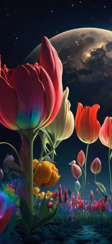 Giant Tulips Bloom under The Starry Sky 4K Wallpaper