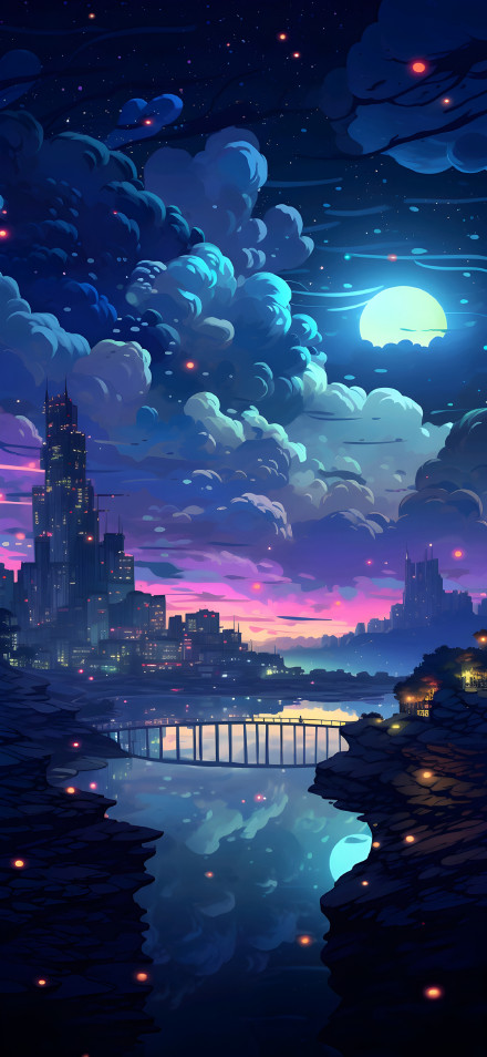 Anime Scenery Wallpaper 4K, Moon, Clouds, Blue