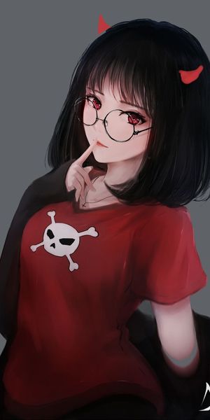 Stylish Anime Girl with Horns and Glasses