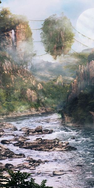 Surreal Floating Island Landscape with River