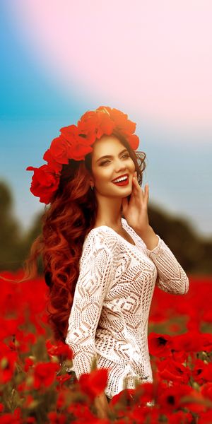 Phone wallpaper: Blur, Field, Smile, Redhead, Poppy, Wreath, Model, Women, Red Flower, Lipstick free