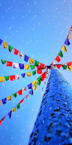 Colorful Holiday Flags in a Snowy Landscape