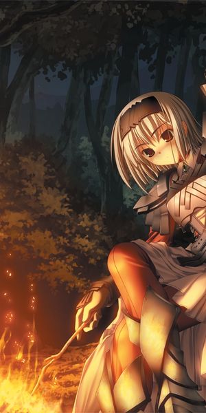 Phone wallpaper: Anime, Night, Forest, Armor, Sword, Campfire, Primitive Link free download