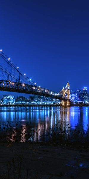 Phone wallpaper: Cities, Night, Usa, City, Bridge, Cincinnati, Man Made, John A Roebling Suspension