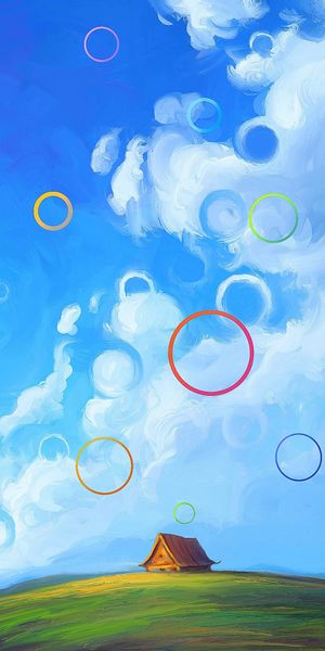 Charming Izba Under Colorful Clouds and Circles