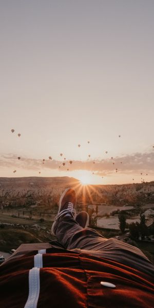 Phone wallpaper: Sunset, Rest, Nature, Legs, Relaxation, Mountains, Landscape, Balloons free downloa