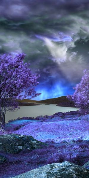 Dreamy Lavender Landscape with Trees and Dramatic Clouds