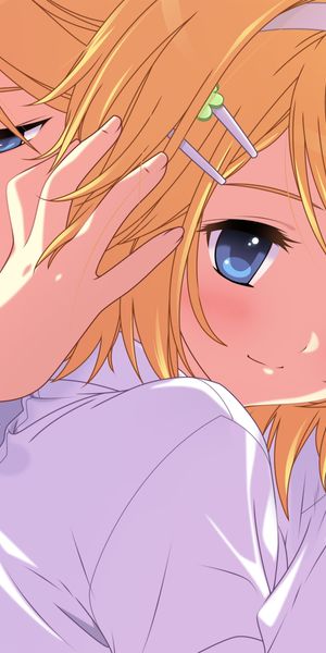 Charming iPhone Wallpaper of Len and Rin Kagamine Surrounded by Leaves