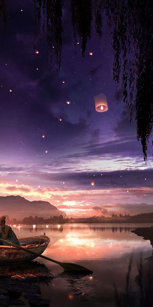Romantic Night Boat Scene with Stars and Lanterns