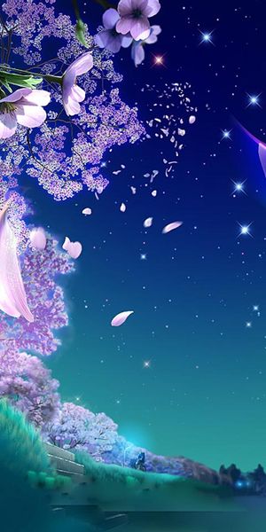 Enchanting River Scene with Blossoms Under a Starry Sky