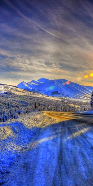 Phone wallpaper: Winter, Sunset, Snow, Road, Tree, Man Made free download